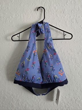 Lands End Blue Gingham Floral V Neck Halter Bikini Swim Top NWT Size 18W